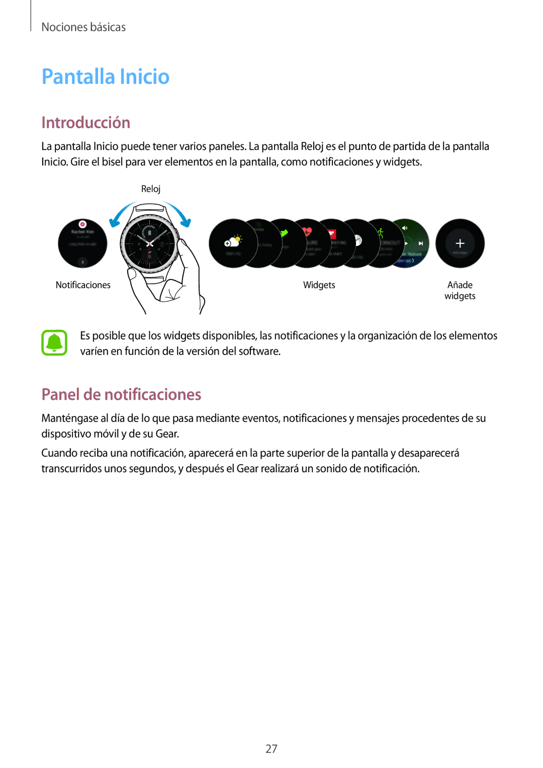 Samsung SM-R7350ZKGAMO manual Pantalla Inicio, Panel de notificaciones 