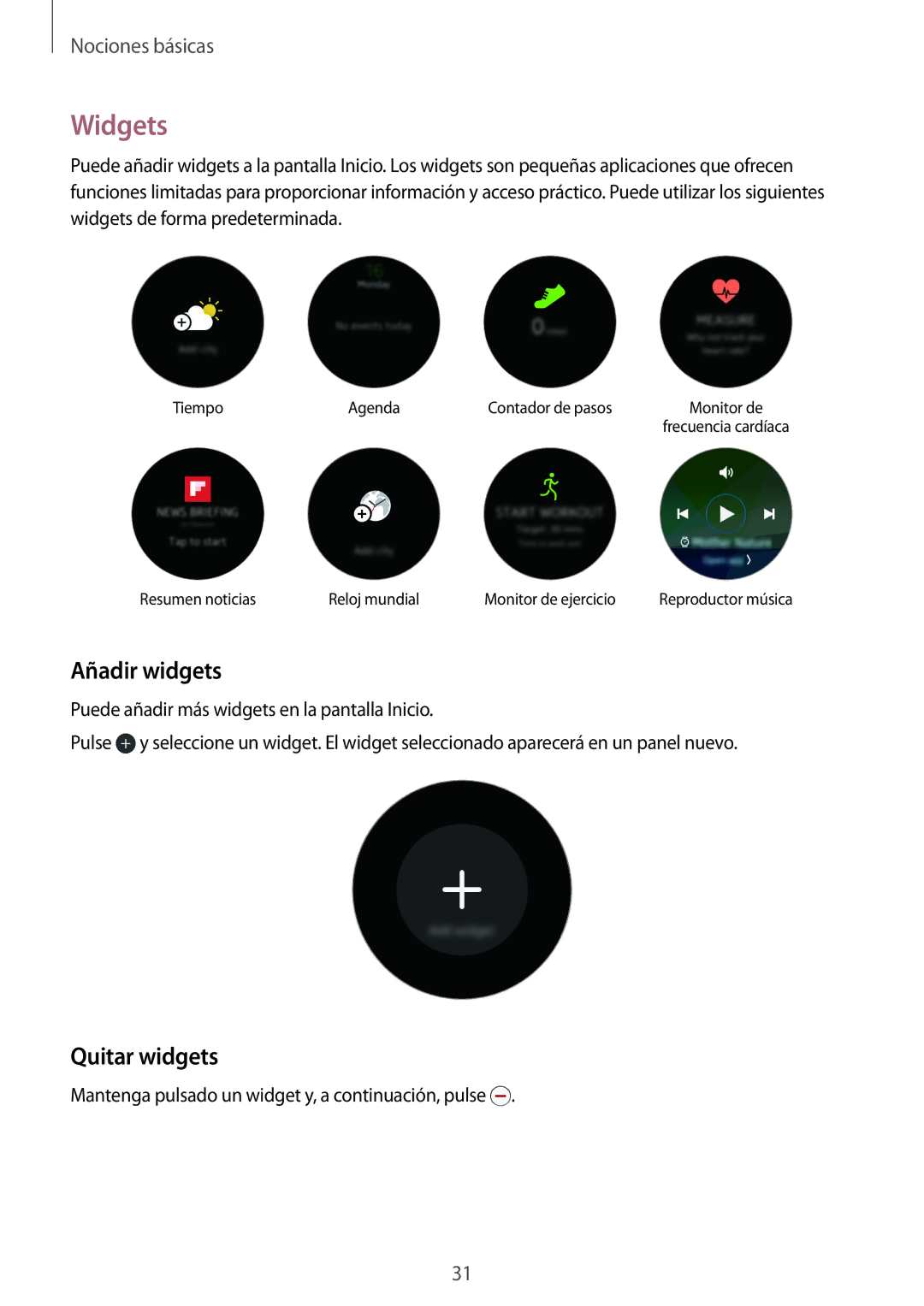 Samsung SM-R7350ZKGAMO manual Widgets, Añadir widgets, Quitar widgets 