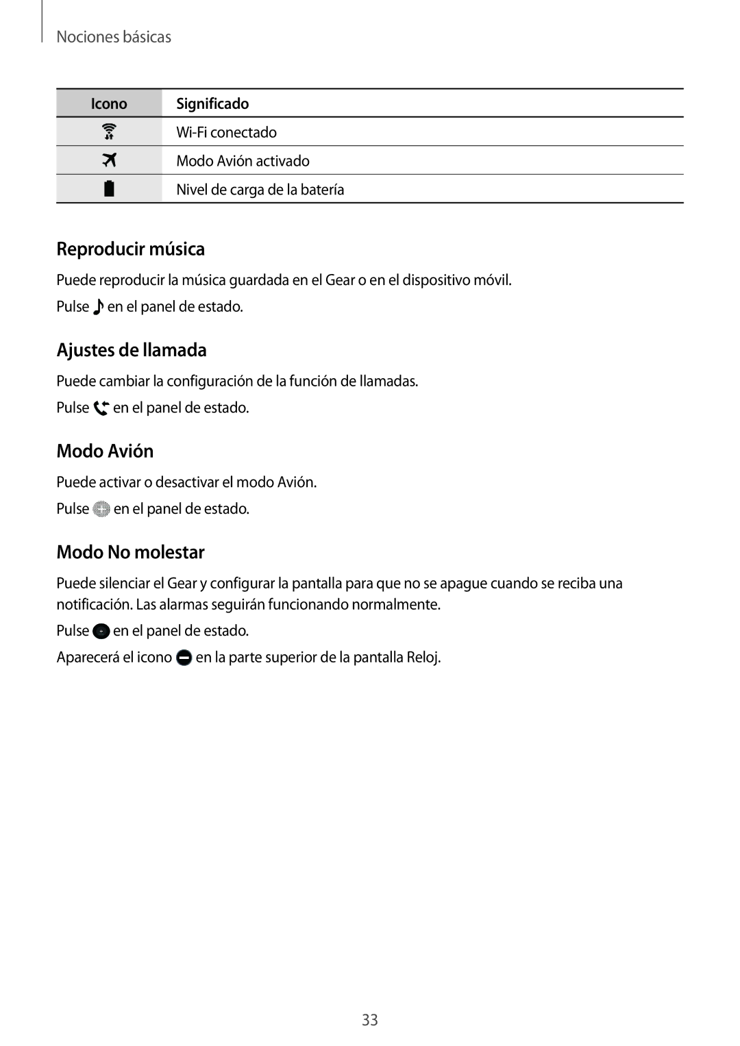 Samsung SM-R7350ZKGAMO manual Reproducir música, Ajustes de llamada, Modo Avión, Modo No molestar 