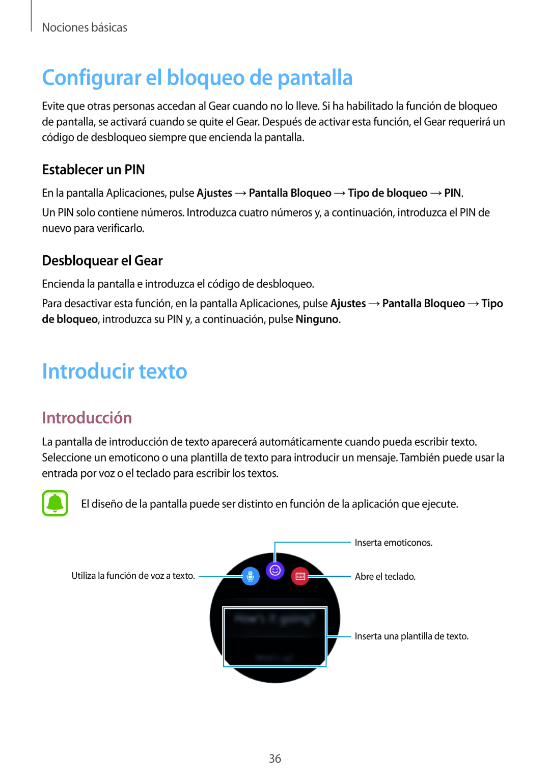 Samsung SM-R7350ZKGAMO manual Configurar el bloqueo de pantalla, Introducir texto, Establecer un PIN, Desbloquear el Gear 