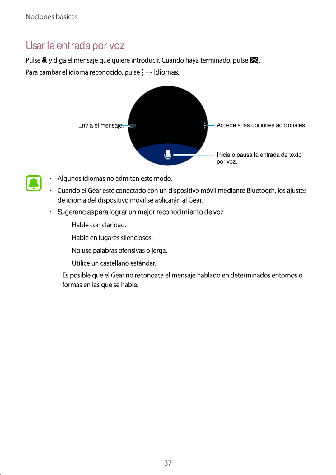 Samsung SM-R7350ZKGAMO manual Usar la entrada por voz, Sugerencias para lograr un mejor reconocimiento de voz 