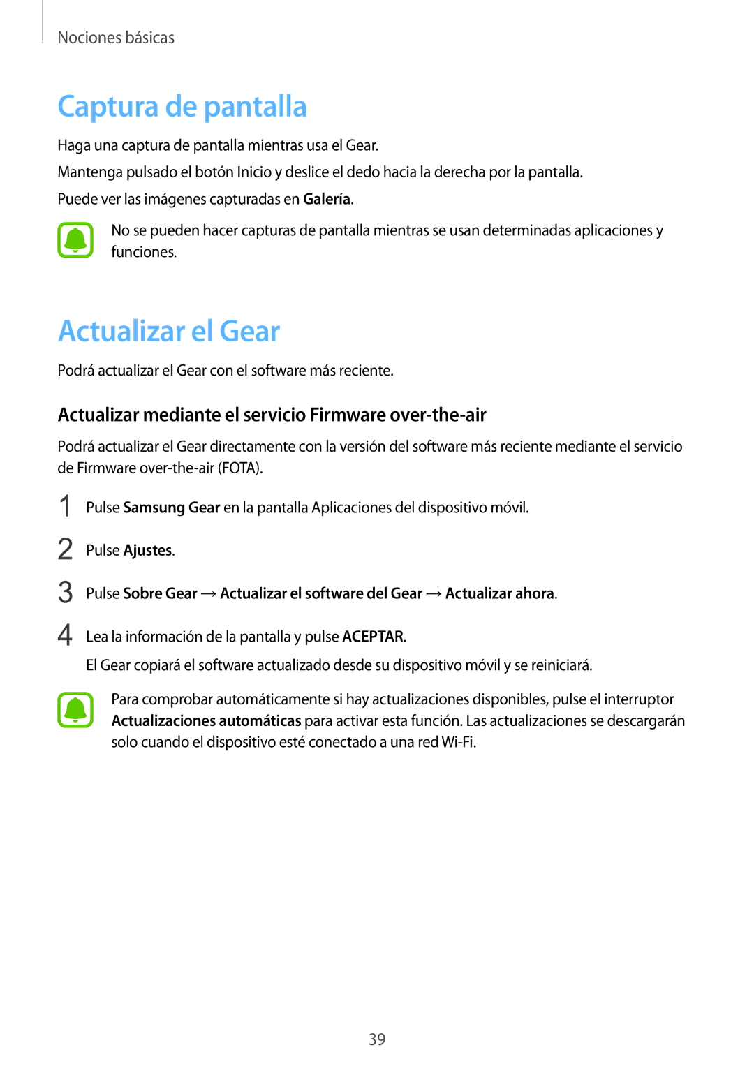 Samsung SM-R7350ZKGAMO Captura de pantalla, Actualizar el Gear, Actualizar mediante el servicio Firmware over-the-air 