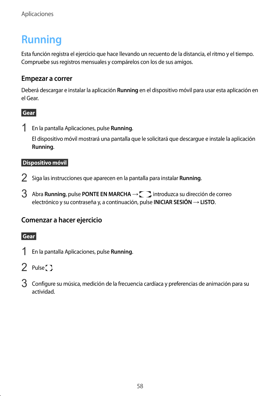 Samsung SM-R7350ZKGAMO manual Running, Empezar a correr, Comenzar a hacer ejercicio 