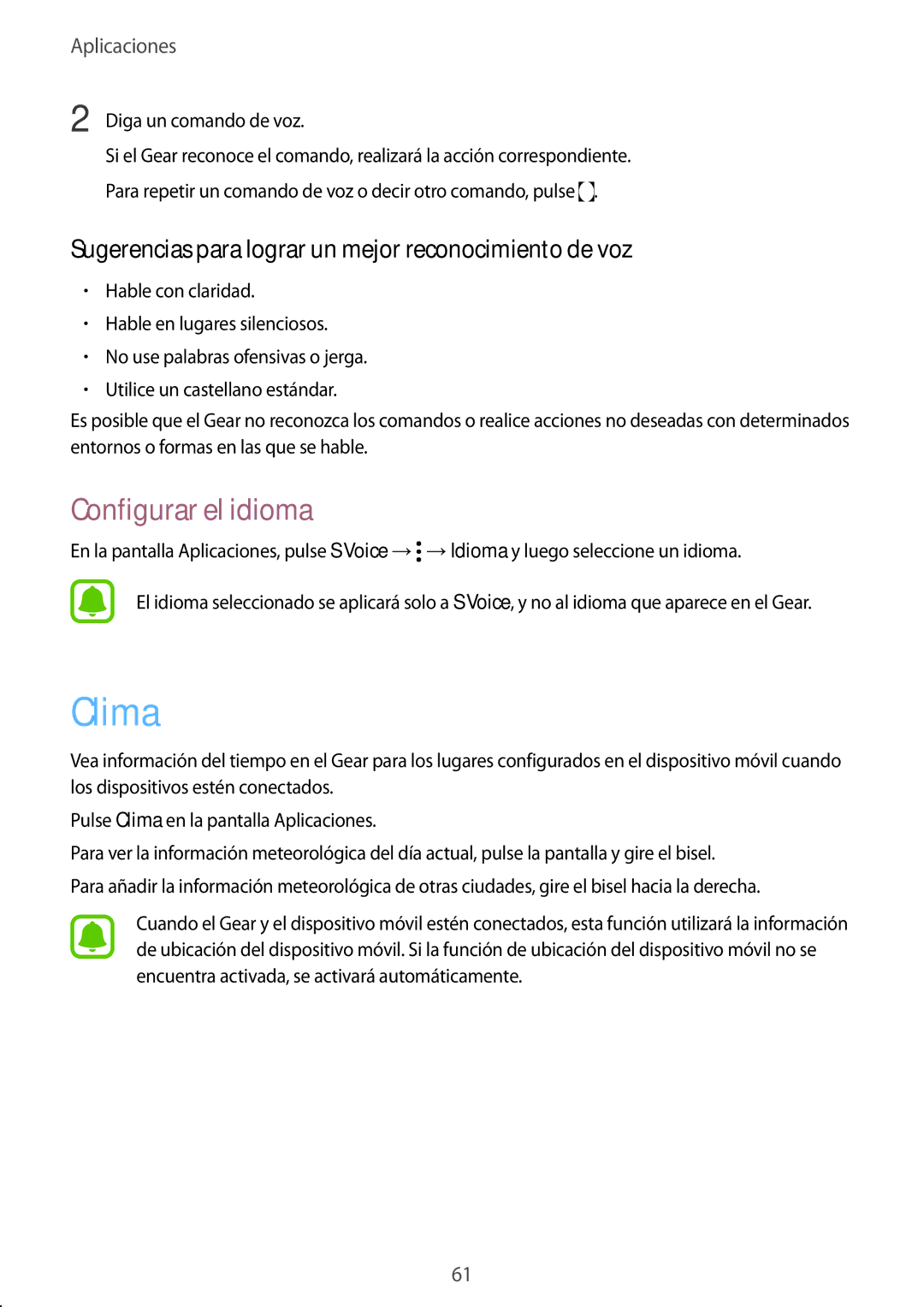 Samsung SM-R7350ZKGAMO manual Clima, Configurar el idioma, Sugerencias para lograr un mejor reconocimiento de voz 