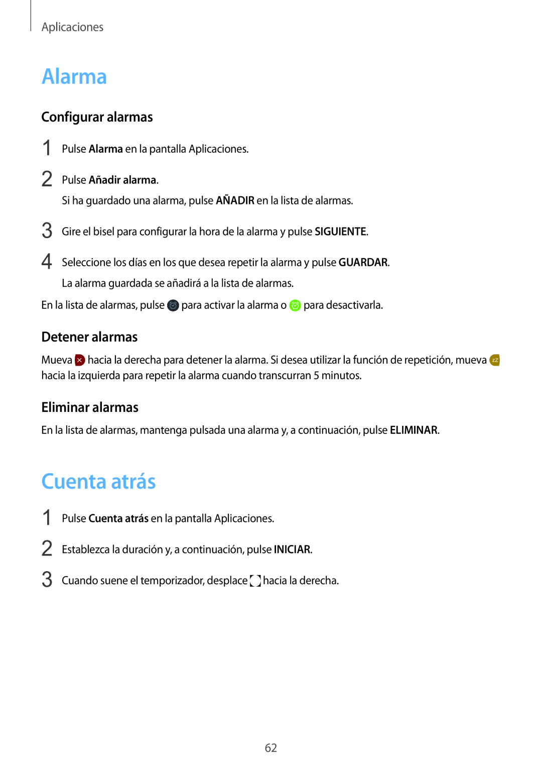 Samsung SM-R7350ZKGAMO manual Alarma, Cuenta atrás, Configurar alarmas, Detener alarmas, Eliminar alarmas 