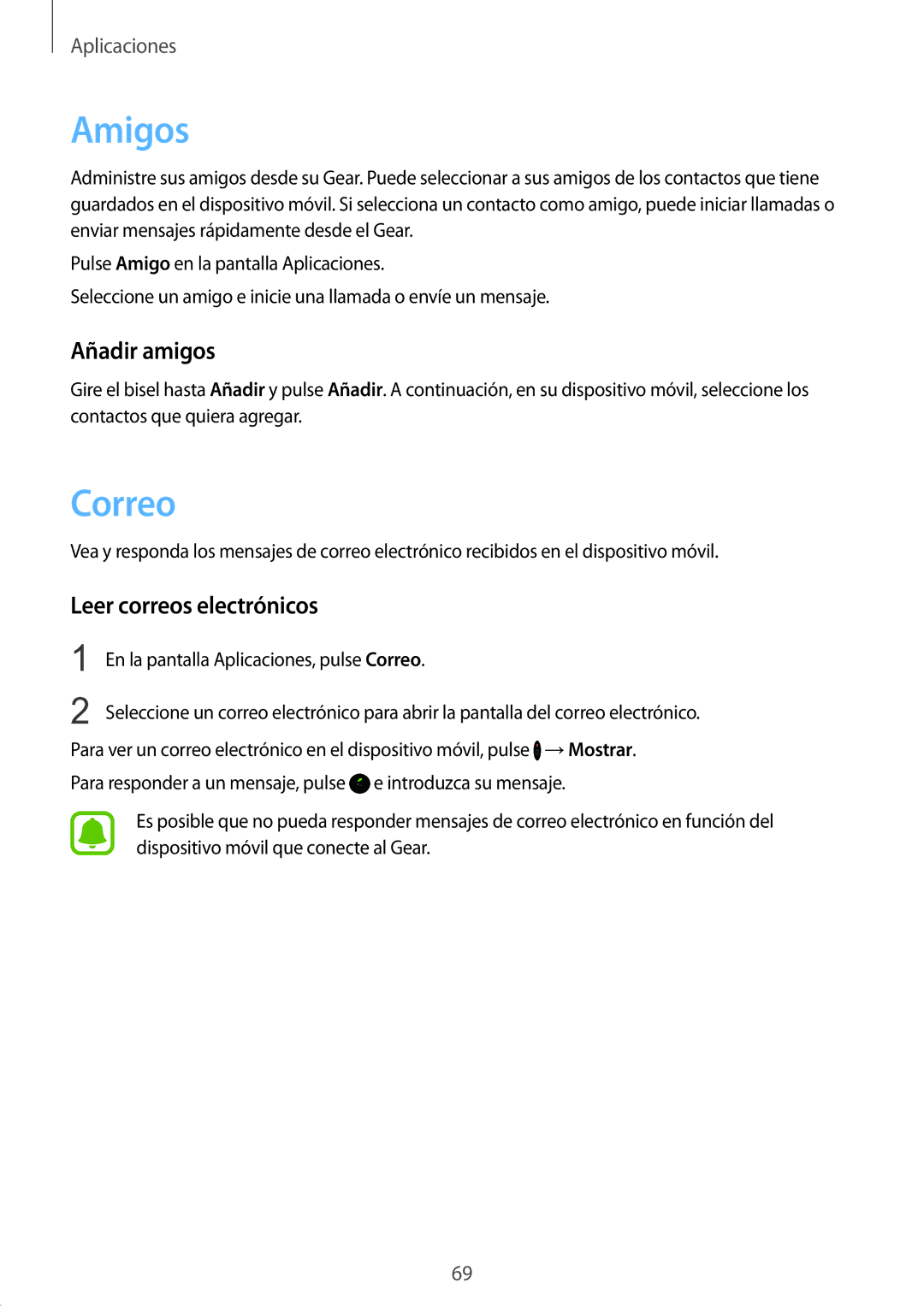Samsung SM-R7350ZKGAMO manual Amigos, Correo, Añadir amigos, Leer correos electrónicos 