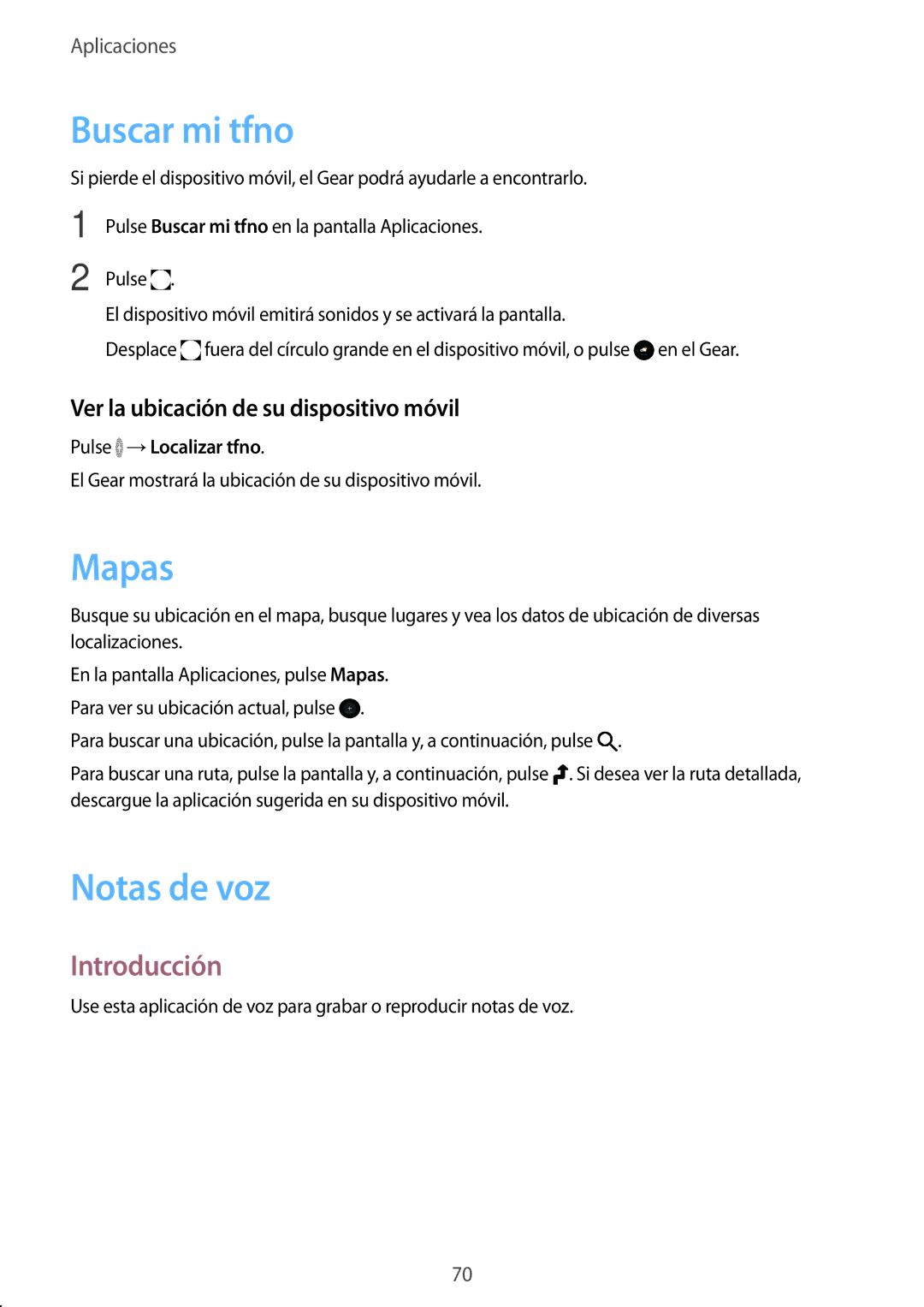 Samsung SM-R7350ZKGAMO manual Buscar mi tfno, Mapas, Notas de voz, Ver la ubicación de su dispositivo móvil 