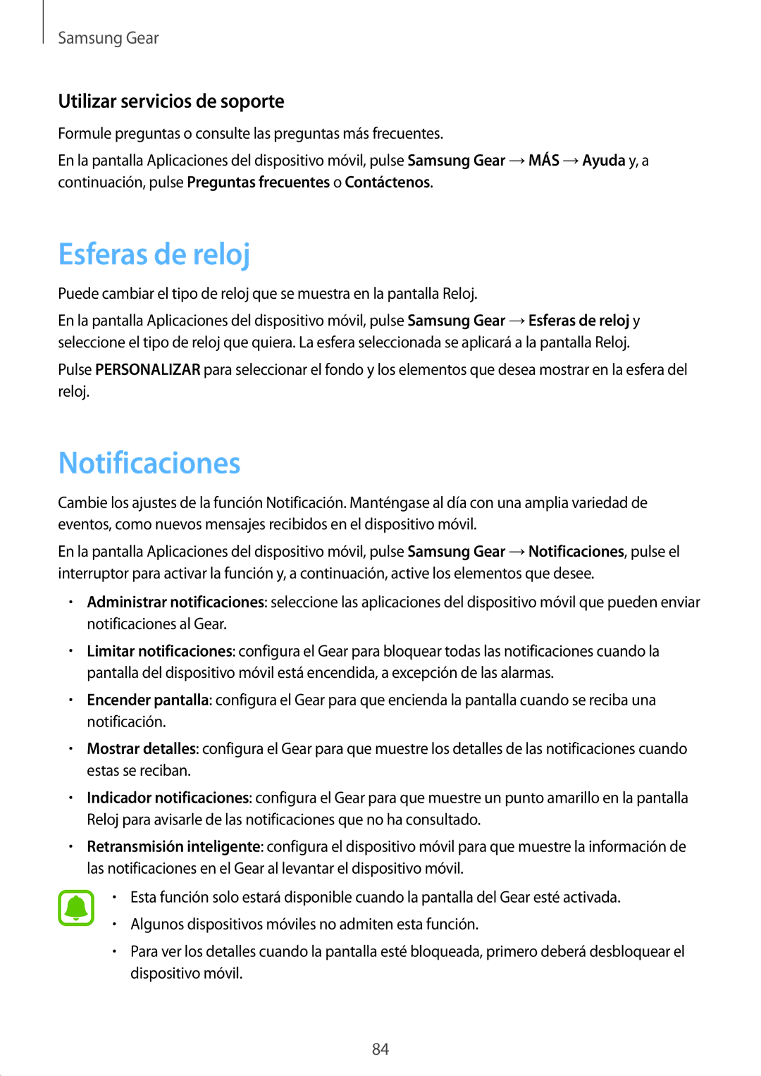 Samsung SM-R7350ZKGAMO manual Esferas de reloj, Notificaciones, Utilizar servicios de soporte 