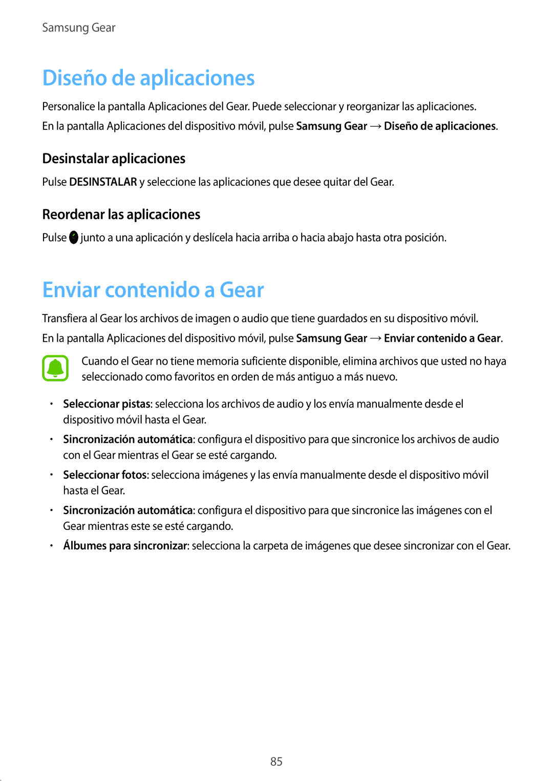 Samsung SM-R7350ZKGAMO manual Diseño de aplicaciones, Enviar contenido a Gear, Reordenar las aplicaciones 