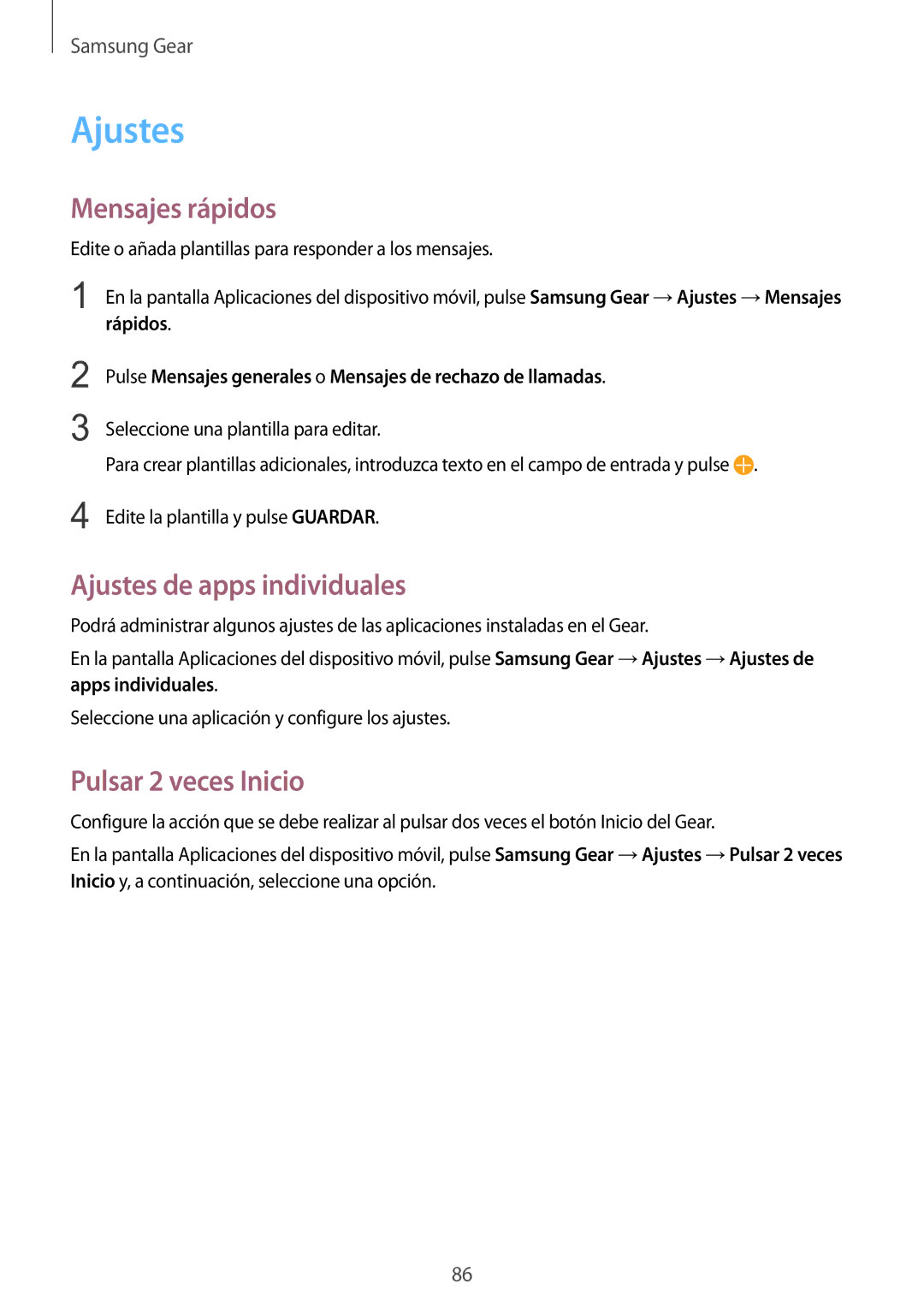 Samsung SM-R7350ZKGAMO manual Mensajes rápidos, Ajustes de apps individuales, Pulsar 2 veces Inicio 