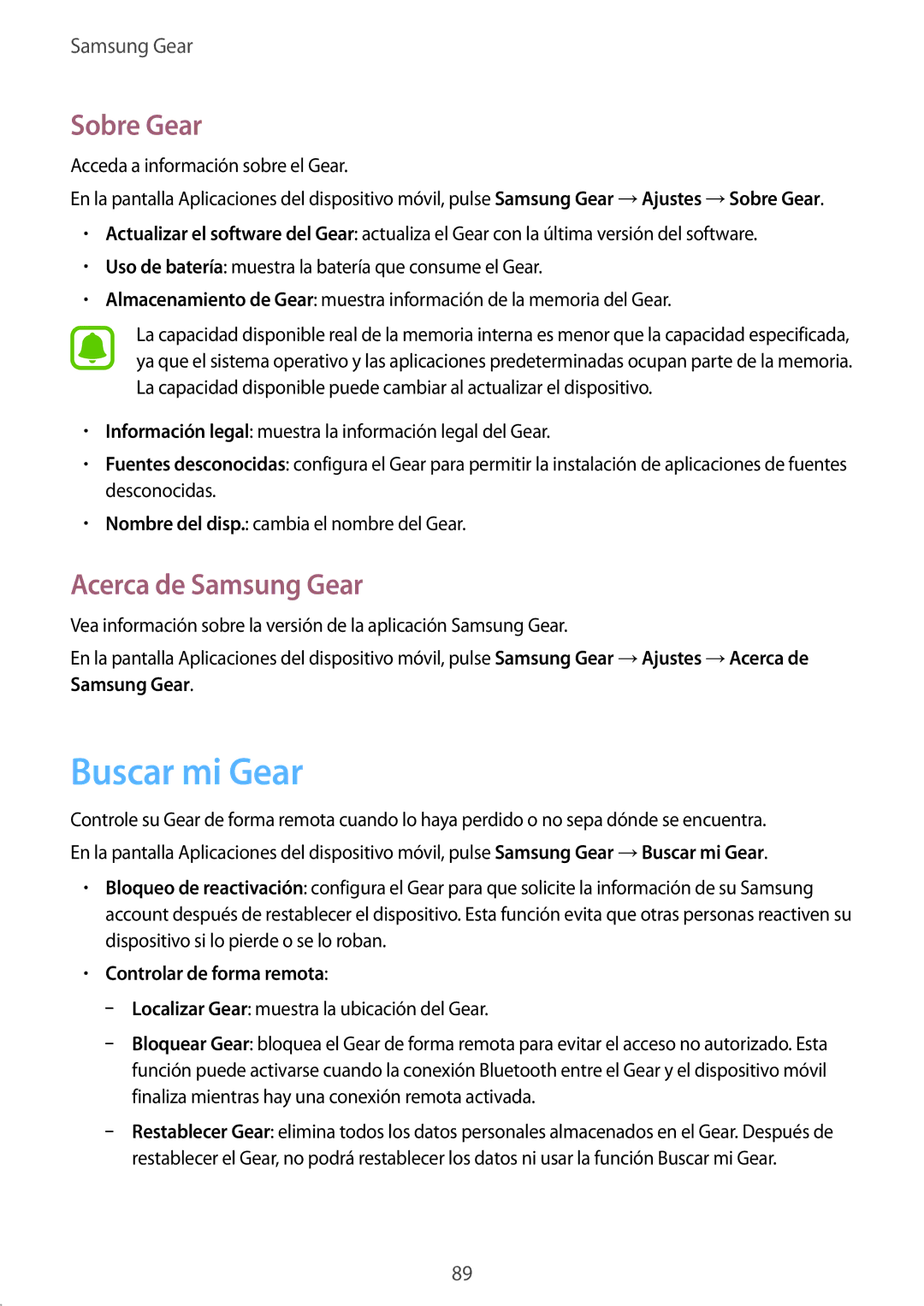Samsung SM-R7350ZKGAMO manual Buscar mi Gear, Sobre Gear, Acerca de Samsung Gear, Controlar de forma remota 