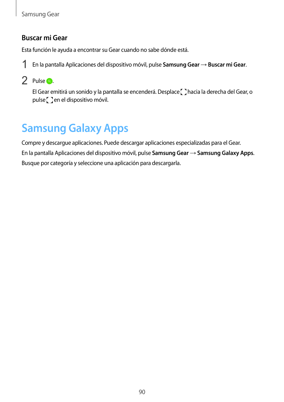 Samsung SM-R7350ZKGAMO manual Samsung Galaxy Apps, Buscar mi Gear 