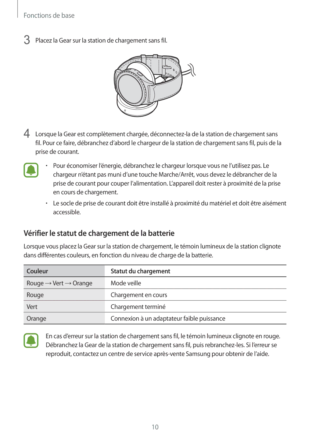 Samsung SM-R7350ZKGFTM manual Vérifier le statut de chargement de la batterie, Couleur Statut du chargement 