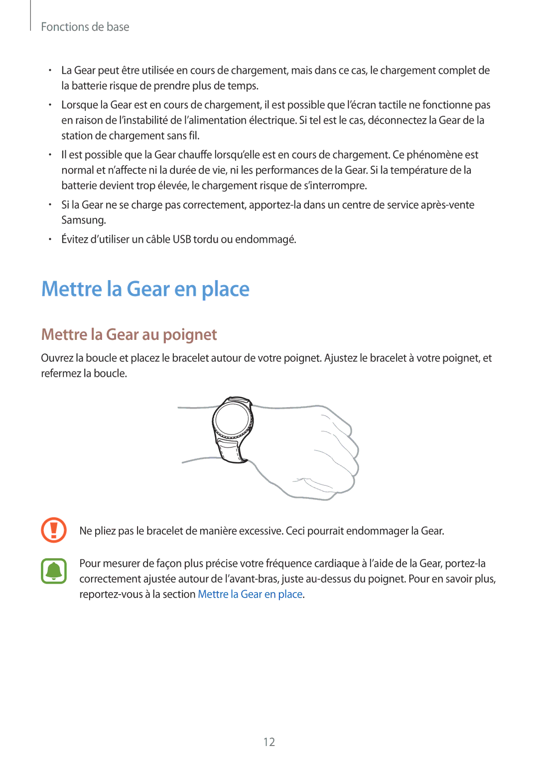 Samsung SM-R7350ZKGFTM manual Mettre la Gear en place, Mettre la Gear au poignet 