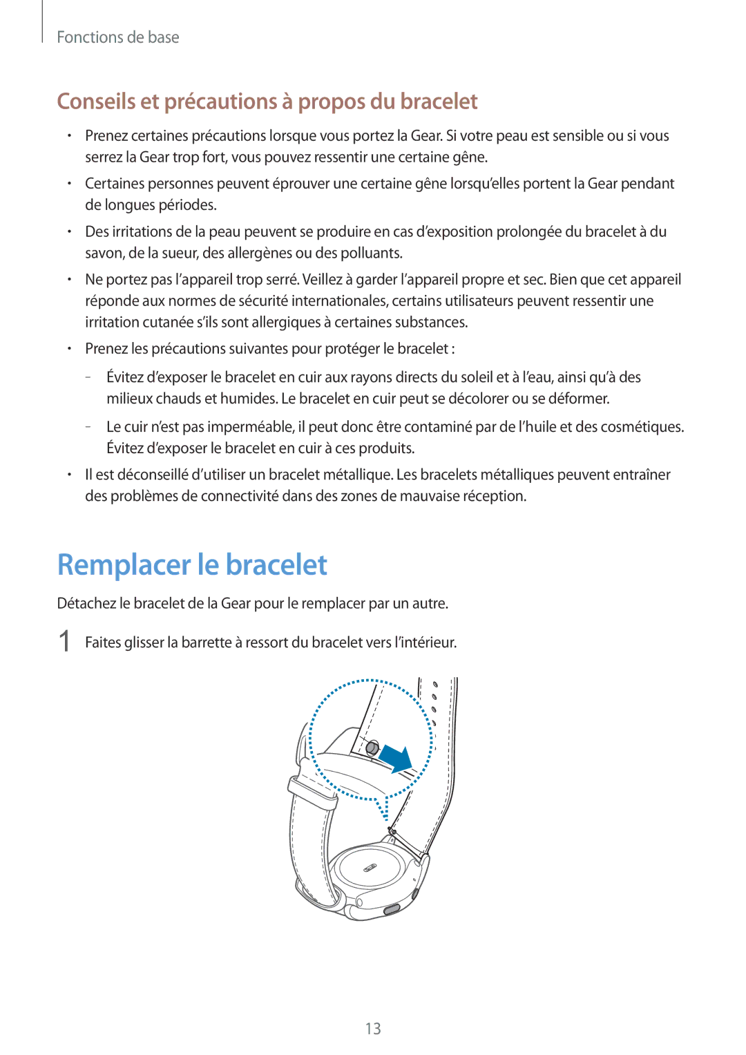 Samsung SM-R7350ZKGFTM manual Remplacer le bracelet, Conseils et précautions à propos du bracelet 