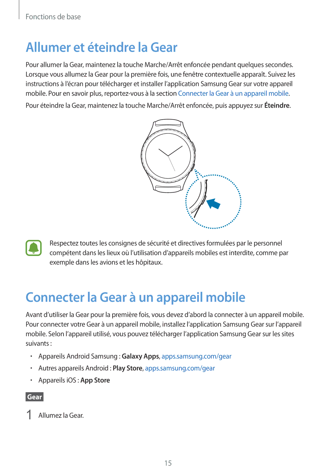 Samsung SM-R7350ZKGFTM manual Allumer et éteindre la Gear, Connecter la Gear à un appareil mobile 