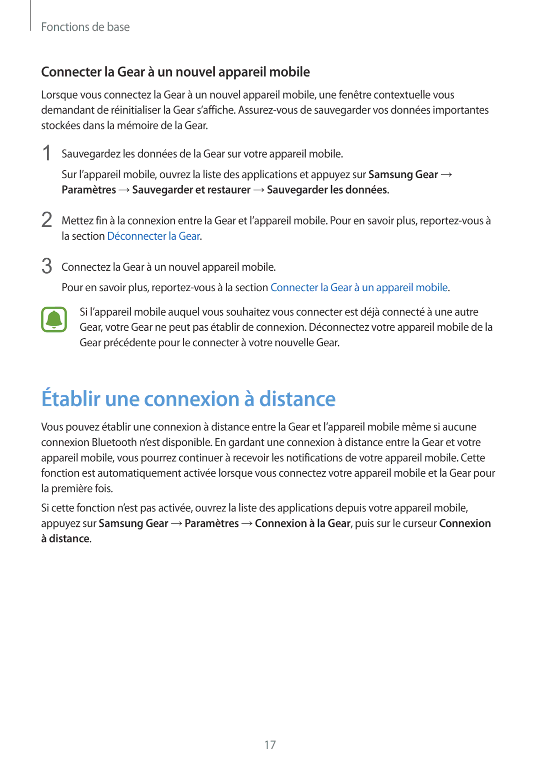 Samsung SM-R7350ZKGFTM manual Établir une connexion à distance, Connecter la Gear à un nouvel appareil mobile 