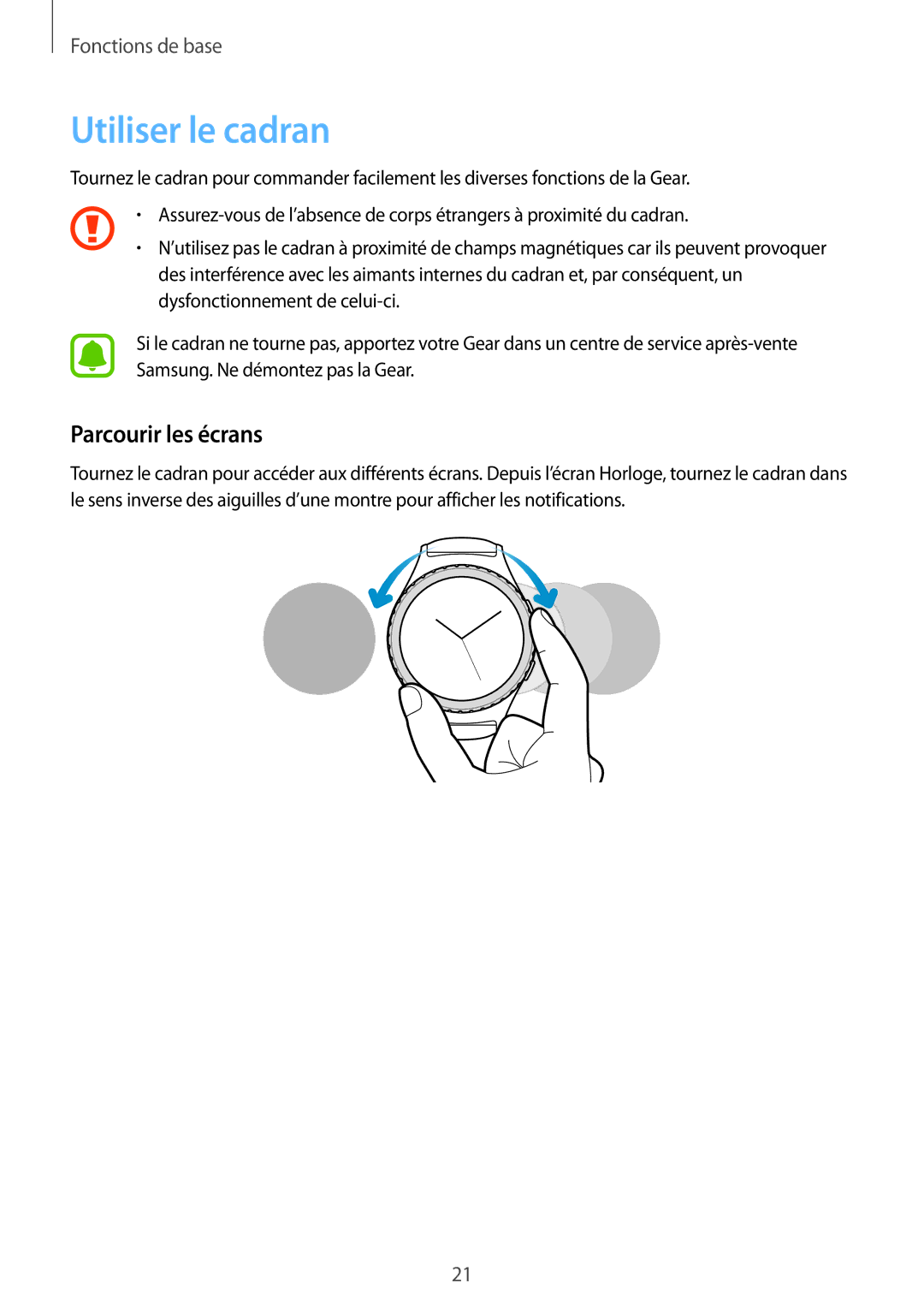 Samsung SM-R7350ZKGFTM manual Utiliser le cadran, Parcourir les écrans 