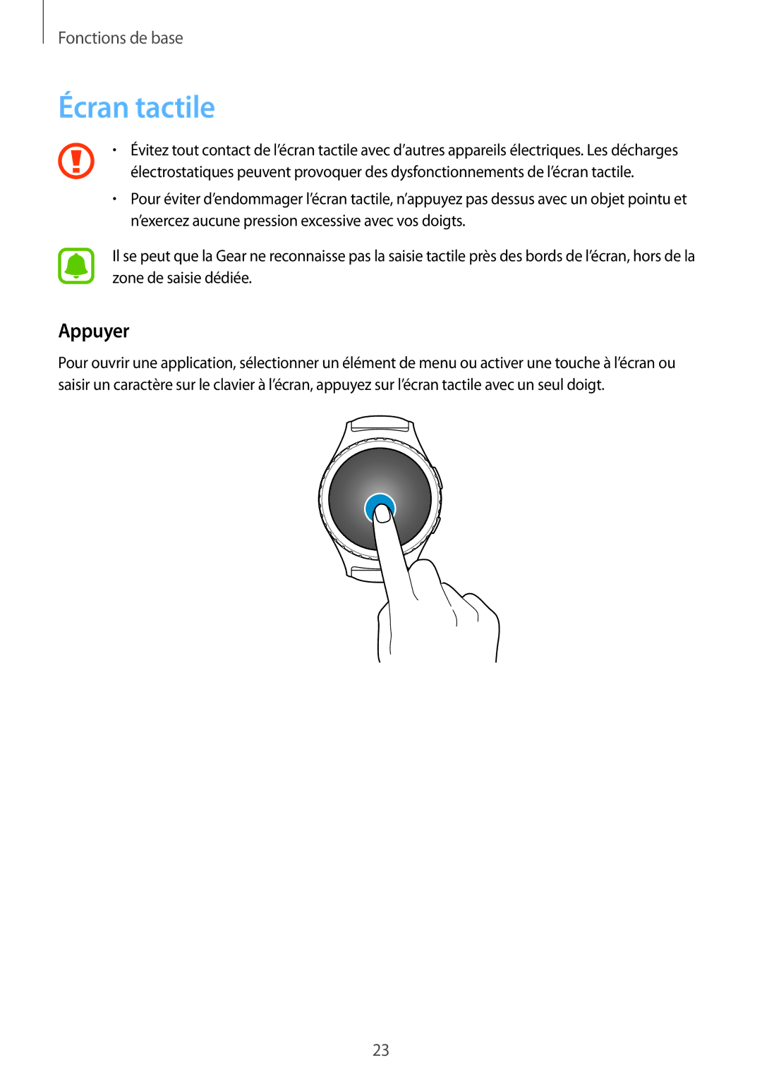 Samsung SM-R7350ZKGFTM manual Écran tactile, Appuyer 