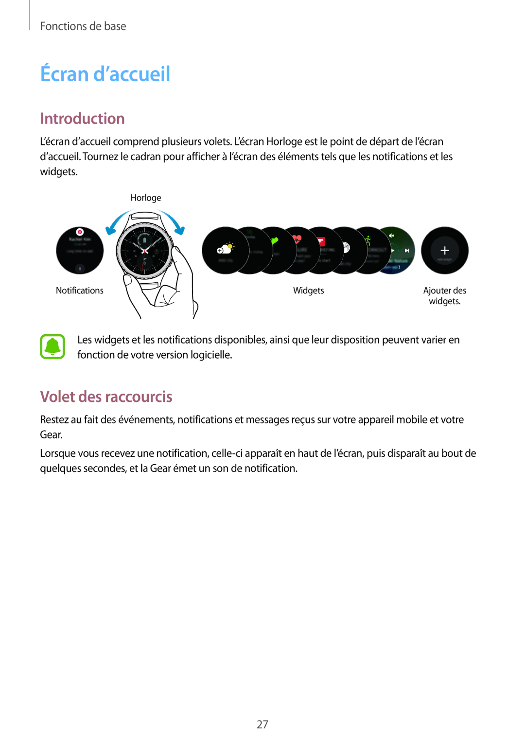 Samsung SM-R7350ZKGFTM manual Écran d’accueil, Volet des raccourcis 