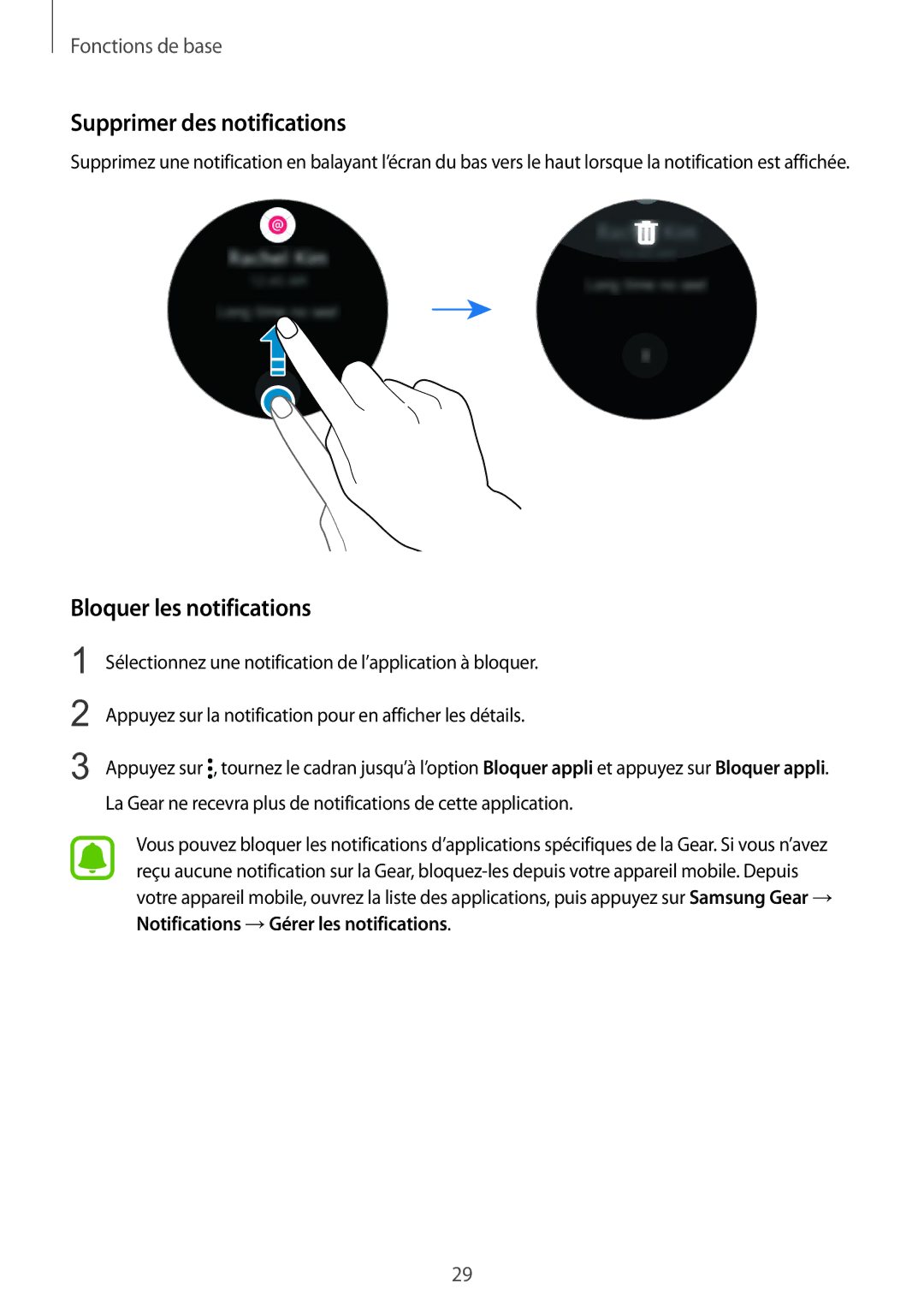 Samsung SM-R7350ZKGFTM manual Supprimer des notifications, Bloquer les notifications 