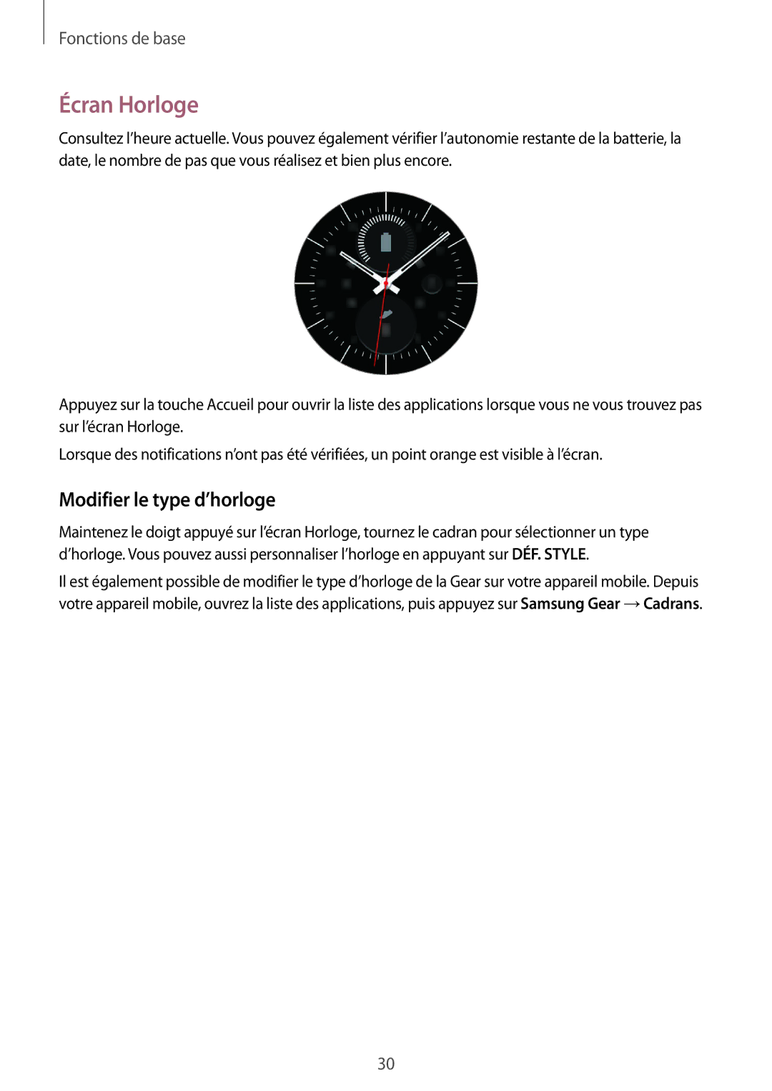 Samsung SM-R7350ZKGFTM manual Écran Horloge, Modifier le type d’horloge 