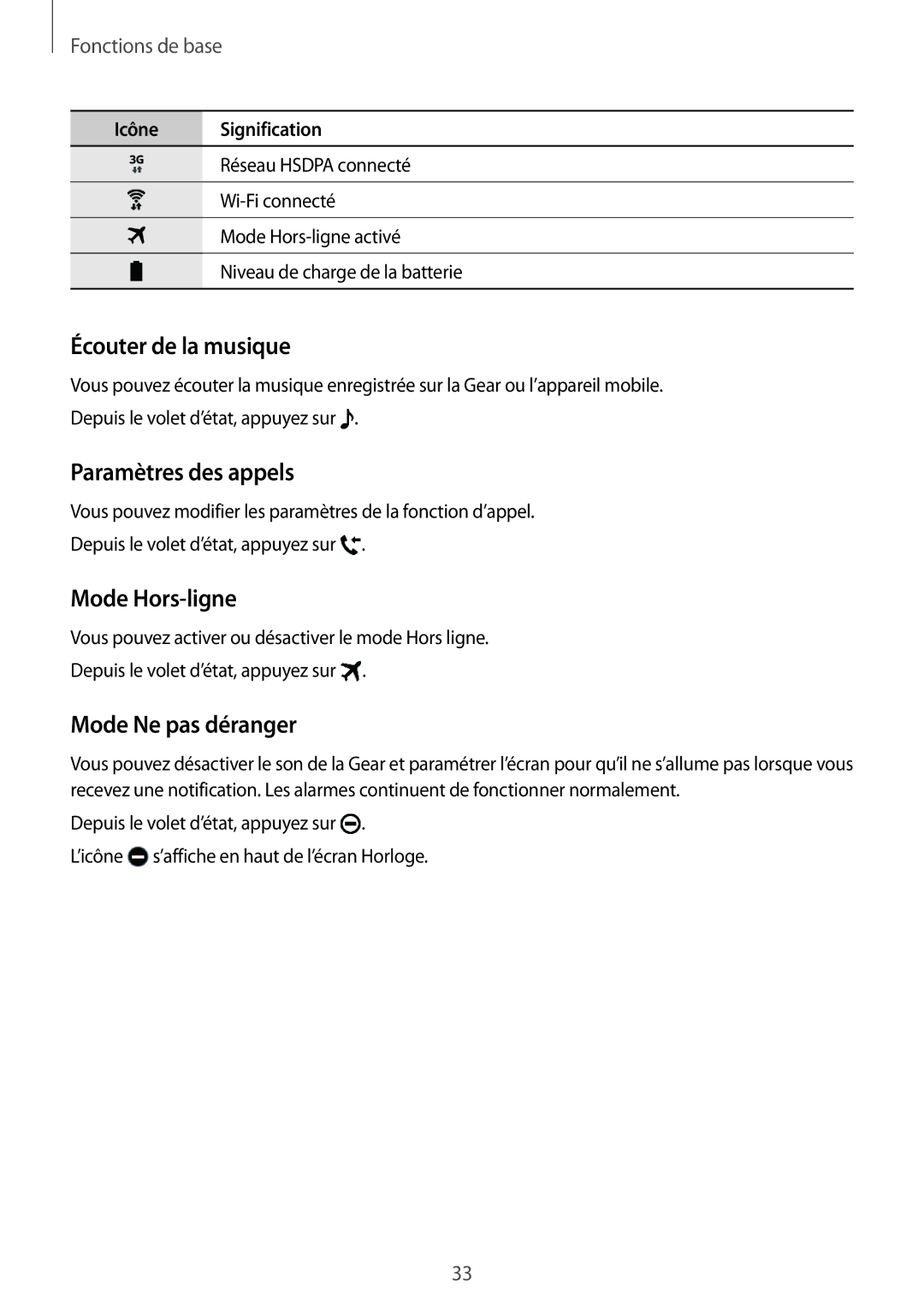 Samsung SM-R7350ZKGFTM manual Écouter de la musique, Paramètres des appels, Mode Hors-ligne, Mode Ne pas déranger 