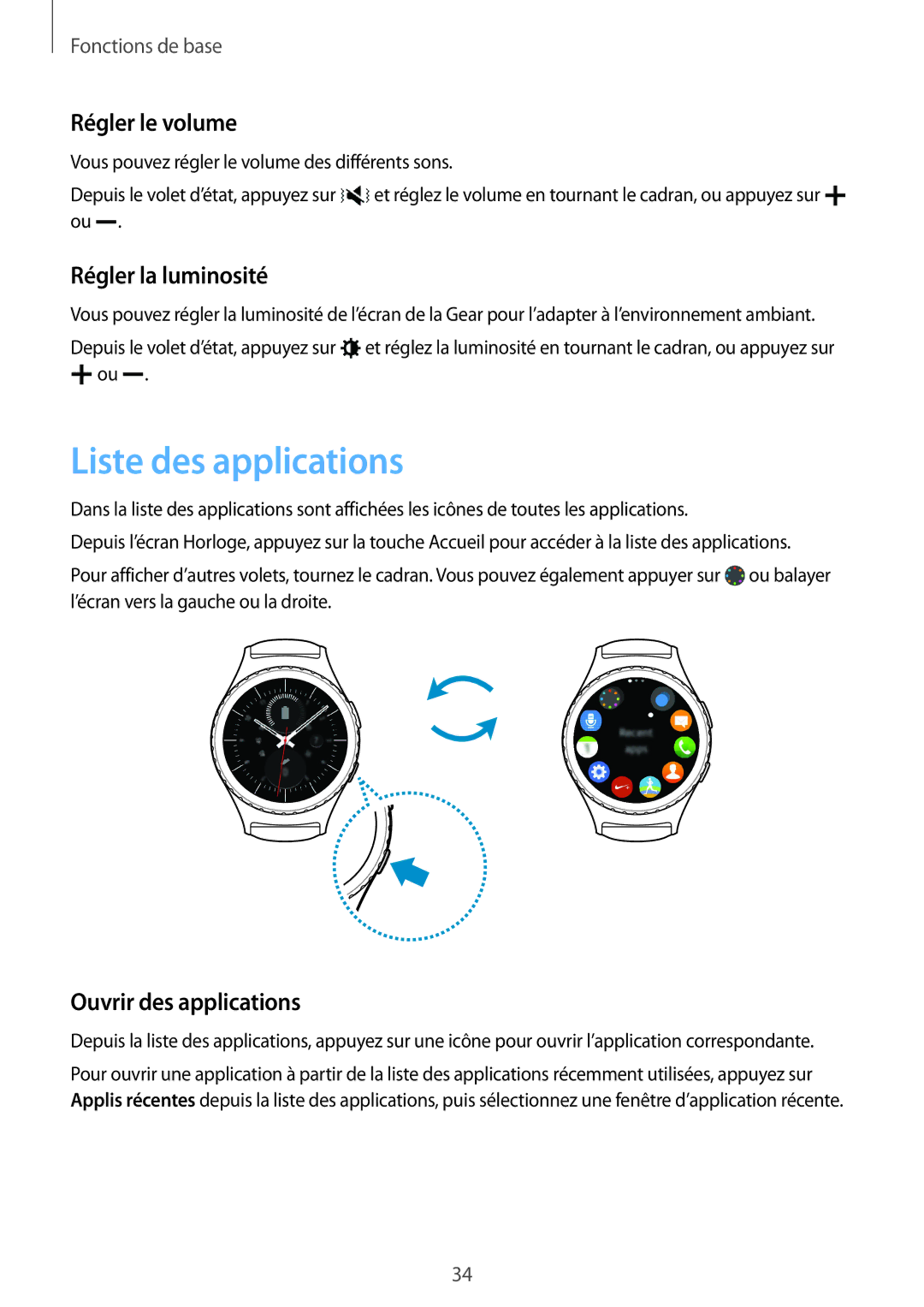 Samsung SM-R7350ZKGFTM manual Liste des applications, Régler le volume, Régler la luminosité, Ouvrir des applications 