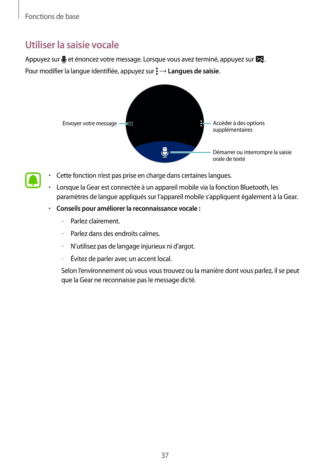 Samsung SM-R7350ZKGFTM manual Utiliser la saisie vocale, Conseils pour améliorer la reconnaissance vocale 