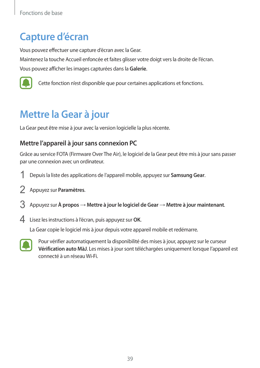 Samsung SM-R7350ZKGFTM manual Capture d’écran, Mettre la Gear à jour, Mettre l’appareil à jour sans connexion PC 