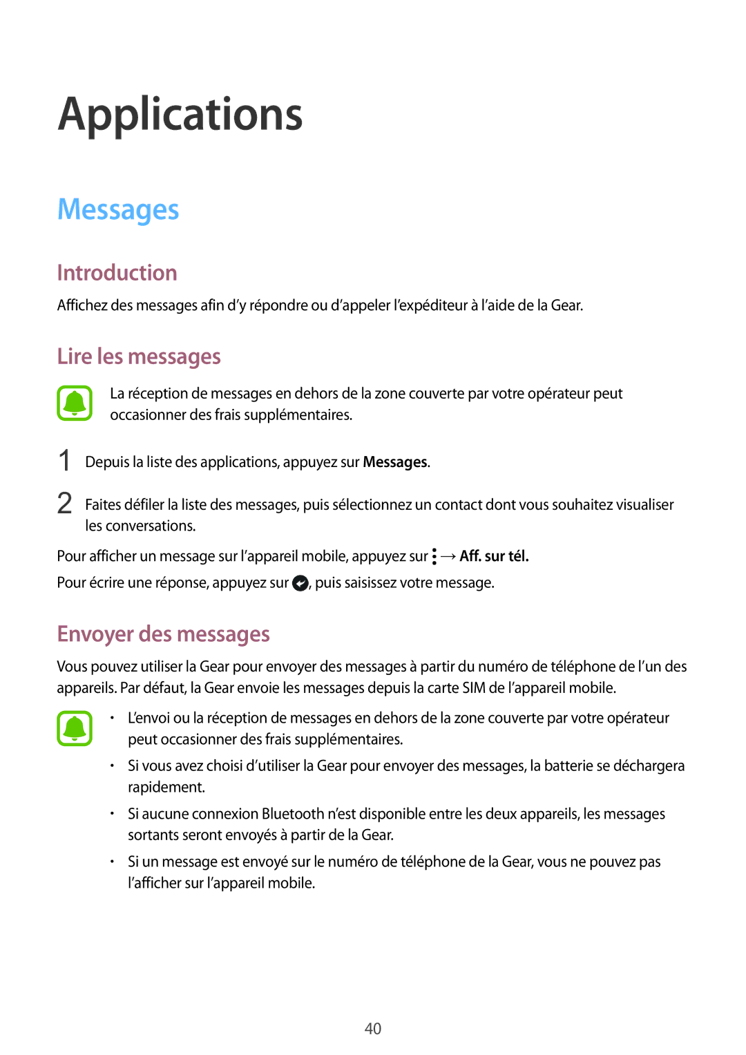 Samsung SM-R7350ZKGFTM manual Messages, Lire les messages, Envoyer des messages 