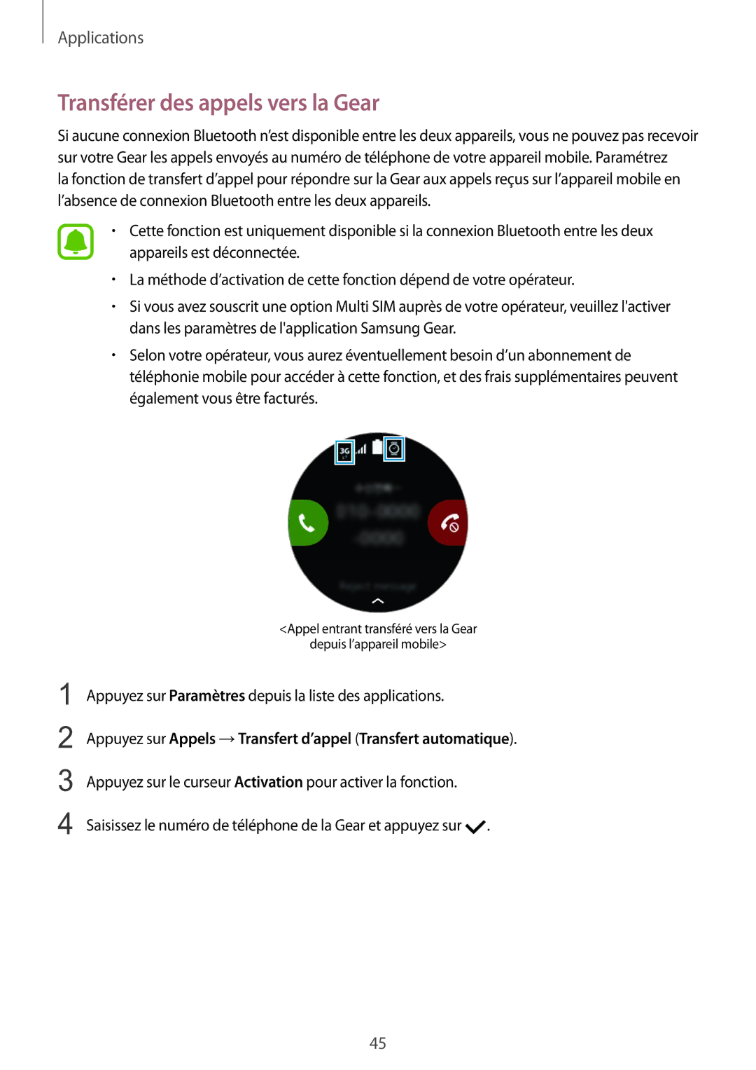 Samsung SM-R7350ZKGFTM Transférer des appels vers la Gear, Appuyez sur Appels →Transfert d’appel Transfert automatique 