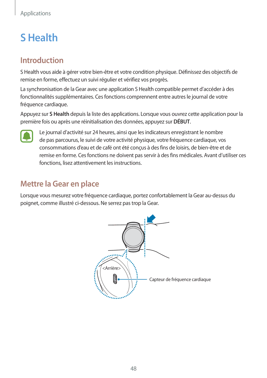 Samsung SM-R7350ZKGFTM manual Health, Mettre la Gear en place 