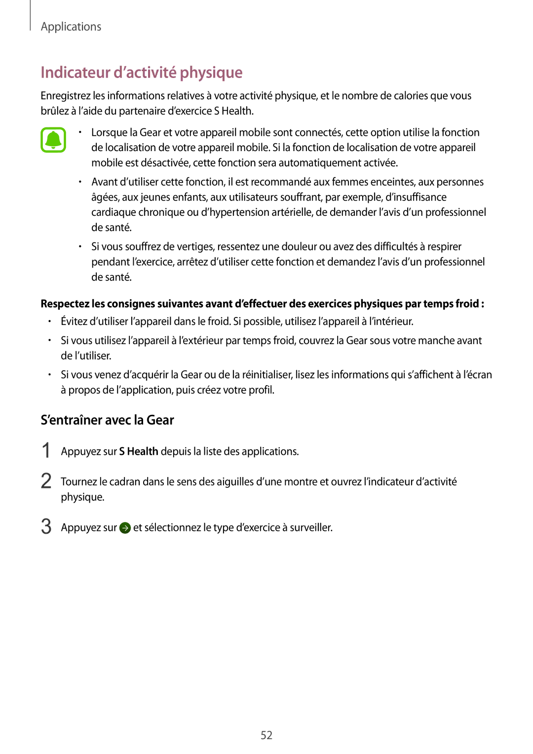 Samsung SM-R7350ZKGFTM manual Indicateur d’activité physique, ’entraîner avec la Gear 