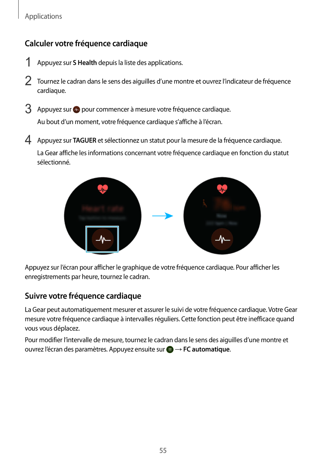 Samsung SM-R7350ZKGFTM manual Calculer votre fréquence cardiaque, Suivre votre fréquence cardiaque 