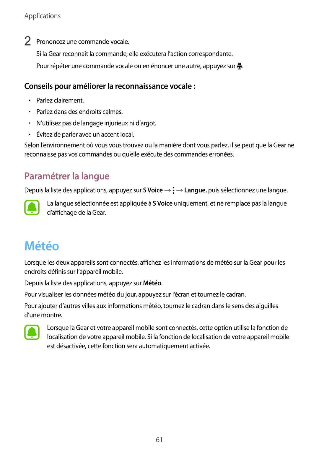 Samsung SM-R7350ZKGFTM manual Météo, Paramétrer la langue, Conseils pour améliorer la reconnaissance vocale 