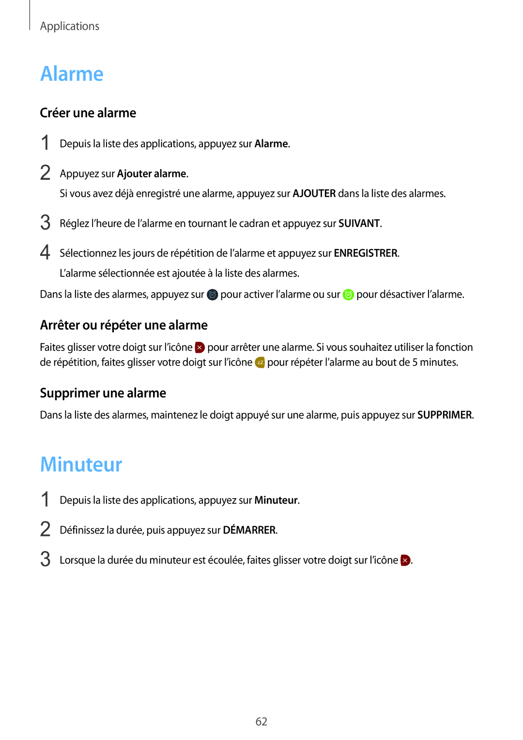 Samsung SM-R7350ZKGFTM manual Alarme, Minuteur, Créer une alarme, Arrêter ou répéter une alarme, Supprimer une alarme 