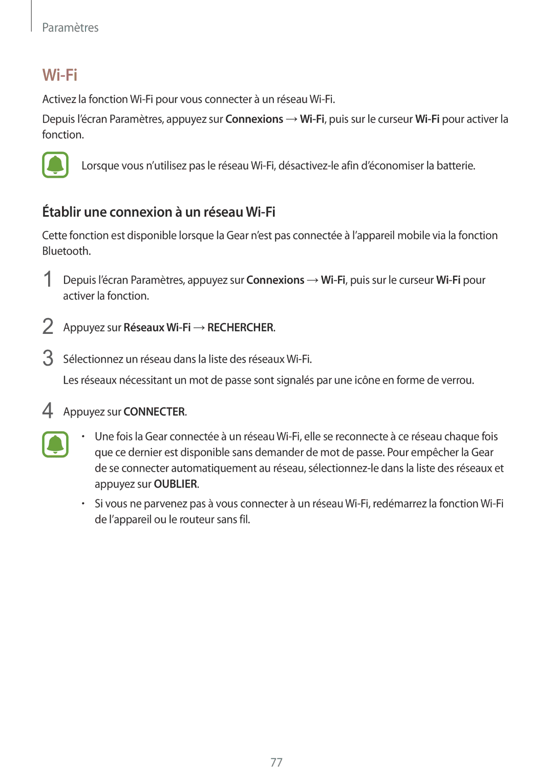 Samsung SM-R7350ZKGFTM manual Établir une connexion à un réseau Wi-Fi, Appuyez sur Réseaux Wi-Fi →RECHERCHER 