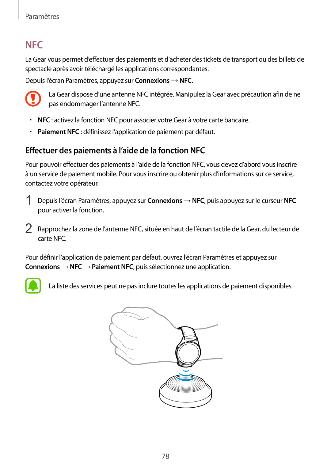 Samsung SM-R7350ZKGFTM manual Nfc, Effectuer des paiements à l’aide de la fonction NFC 