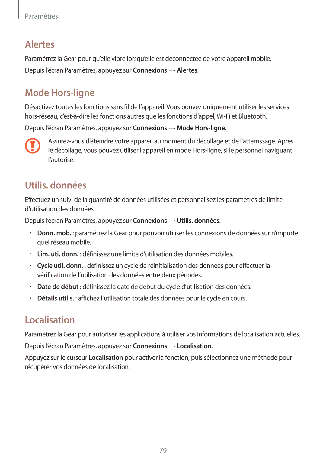 Samsung SM-R7350ZKGFTM manual Alertes, Mode Hors-ligne, Utilis. données, Localisation 