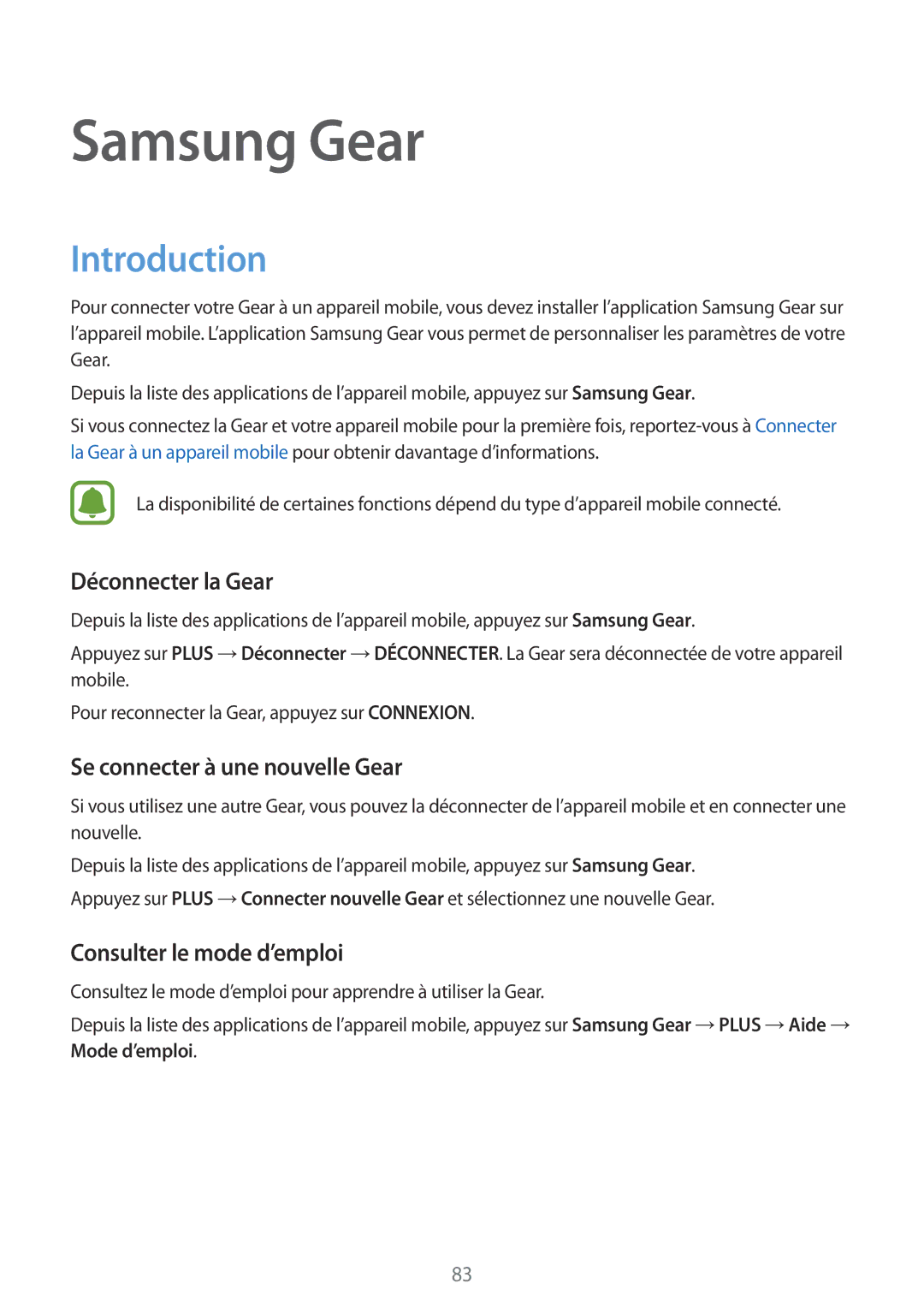 Samsung SM-R7350ZKGFTM manual Déconnecter la Gear, Se connecter à une nouvelle Gear, Consulter le mode d’emploi 