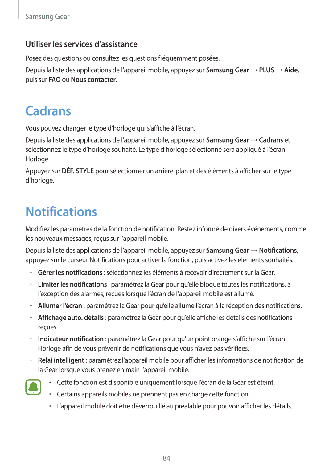 Samsung SM-R7350ZKGFTM manual Cadrans, Notifications, Utiliser les services d’assistance 