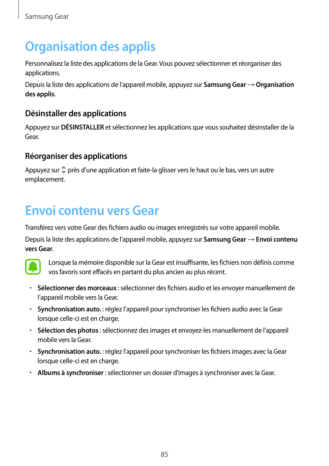 Samsung SM-R7350ZKGFTM manual Organisation des applis, Envoi contenu vers Gear, Réorganiser des applications 