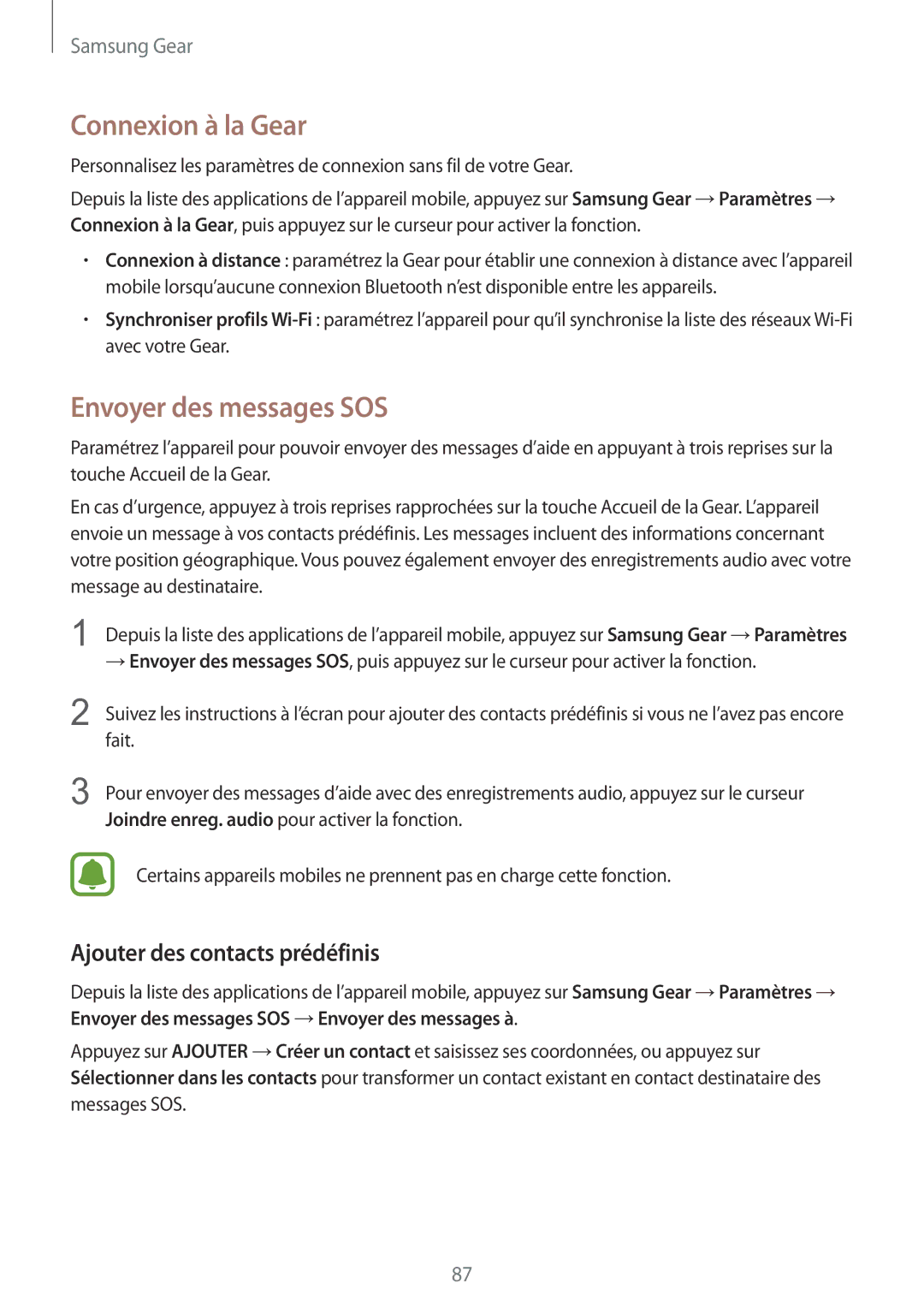 Samsung SM-R7350ZKGFTM manual Connexion à la Gear, Envoyer des messages SOS, Ajouter des contacts prédéfinis 