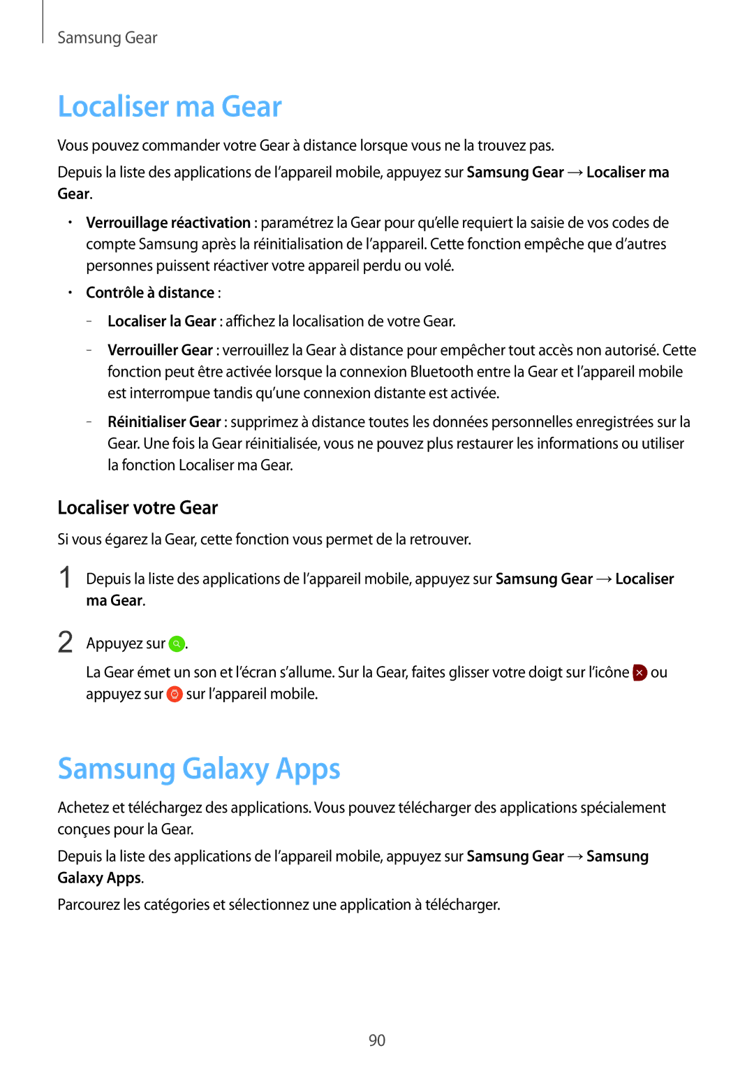 Samsung SM-R7350ZKGFTM manual Localiser ma Gear, Samsung Galaxy Apps, Localiser votre Gear, Contrôle à distance, Ma Gear 