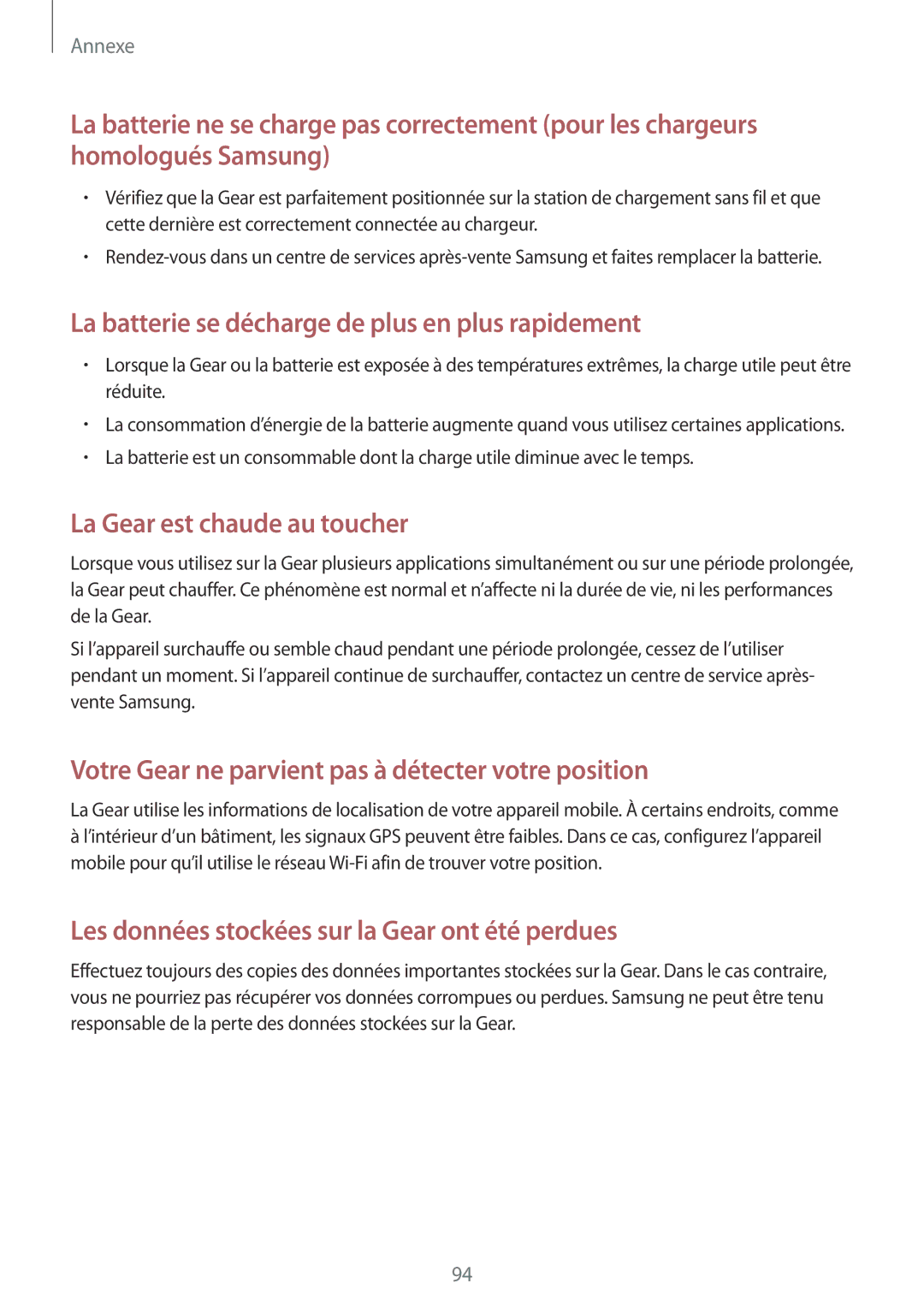 Samsung SM-R7350ZKGFTM manual La batterie se décharge de plus en plus rapidement 