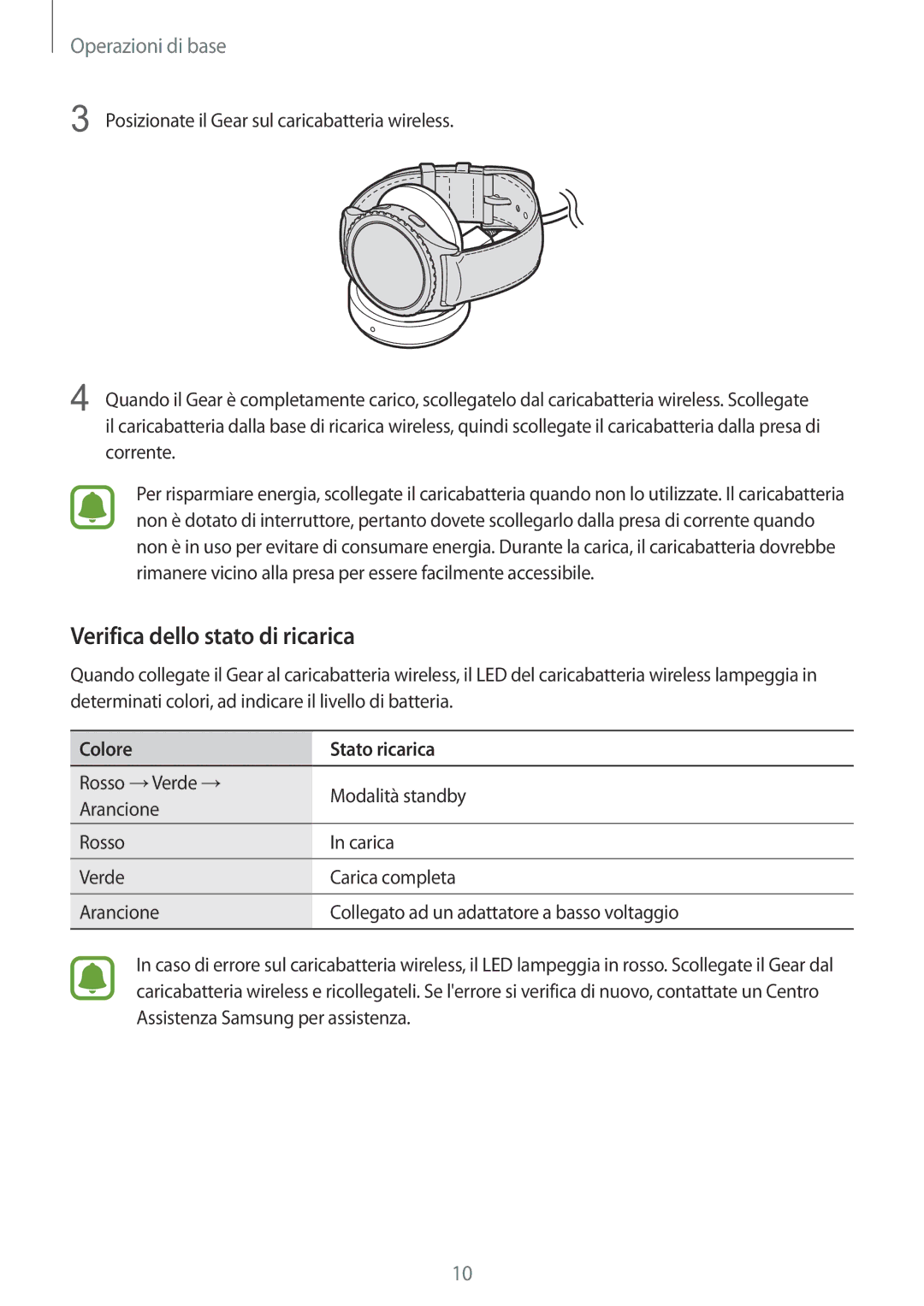 Samsung SM-R7350ZKGTIM manual Verifica dello stato di ricarica, Colore Stato ricarica 