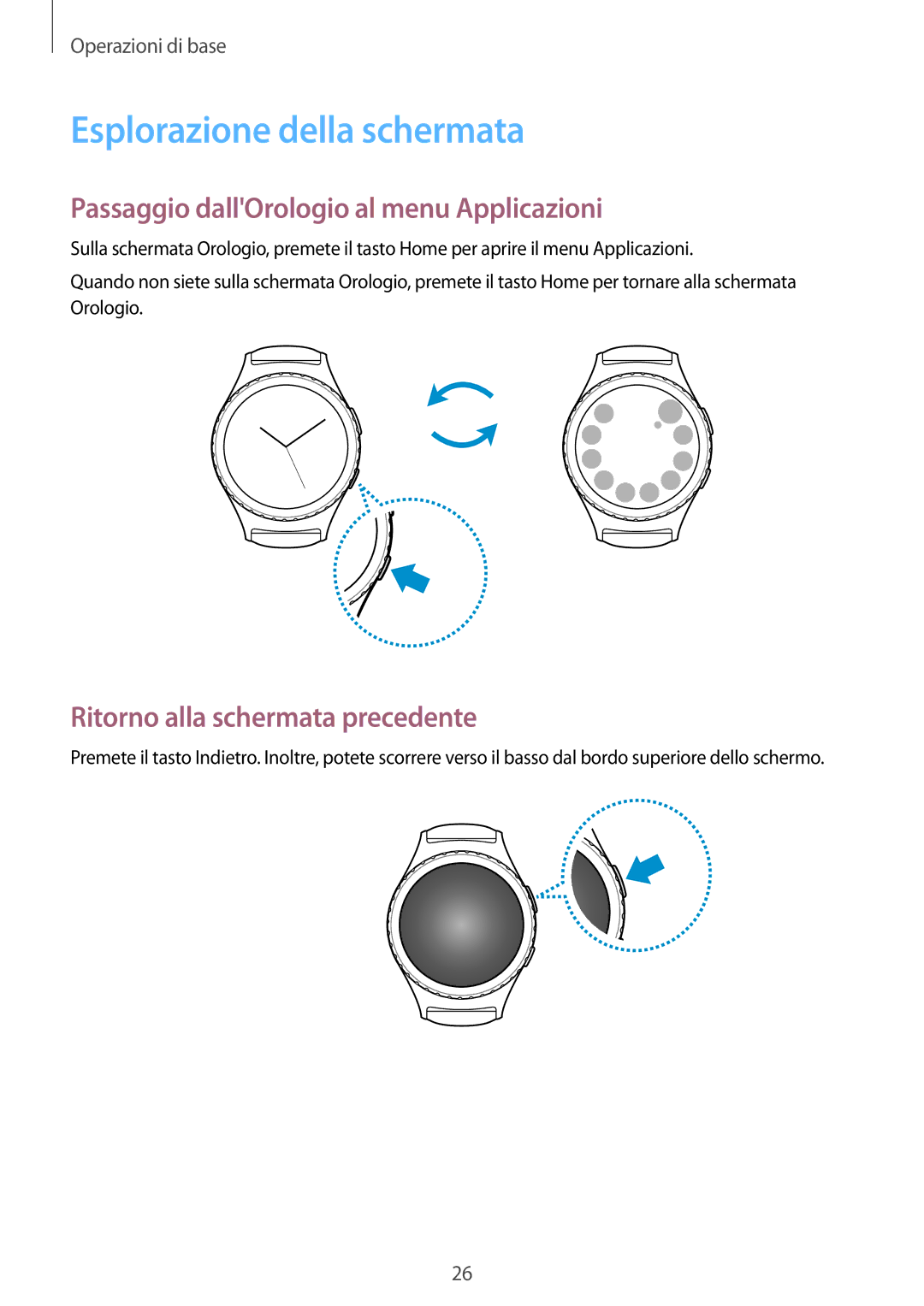 Samsung SM-R7350ZKGTIM manual Esplorazione della schermata, Passaggio dallOrologio al menu Applicazioni 