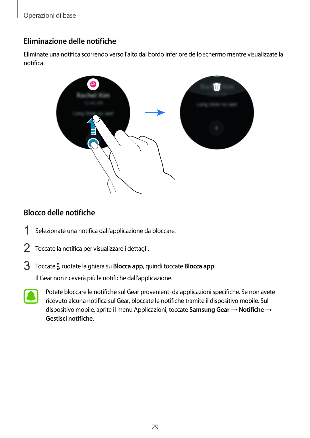 Samsung SM-R7350ZKGTIM manual Eliminazione delle notifiche, Blocco delle notifiche 