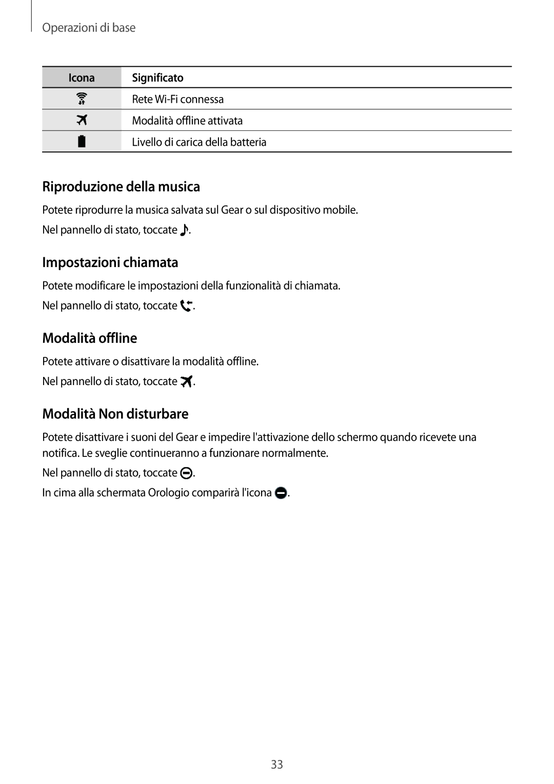 Samsung SM-R7350ZKGTIM manual Riproduzione della musica, Impostazioni chiamata, Modalità offline, Modalità Non disturbare 